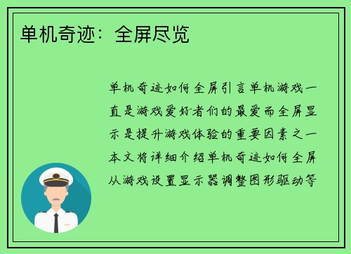 单机奇迹：全屏尽览